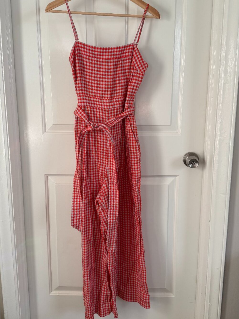 J.Crew Red & White Linen Gingham Jumpsuit, size 6